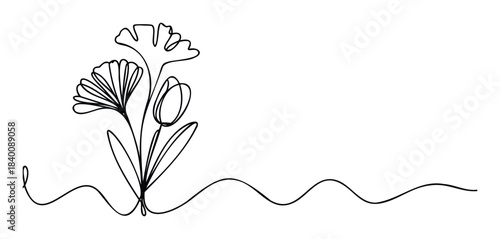 Minimalist single line drawing of delicate flowers with stems flowing into a continuous wavy line, perfect for botanical graphics and naturalistic designs.