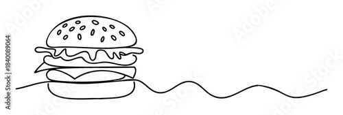 Simple line art of a burger with sesame seeds and a wavy line extending to the right, perfect for food service branding and graphic design projects.