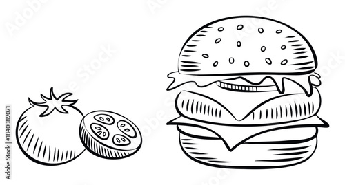 Sketch of a stacked hamburger with cheese, lettuce, and tomato slices, presented alongside whole and sliced tomatoes, perfect for foodrelated advertising and culinary content.