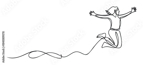 Single line drawing of a joyful person leaping midair with arms outstretched, symbolizing freedom and celebration, perfect for conveying happiness and achievement in marketing materials.
