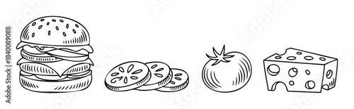 Line drawing set of burger ingredients including a burger, tomato slices, tomato, and cheese wedge for food related projects