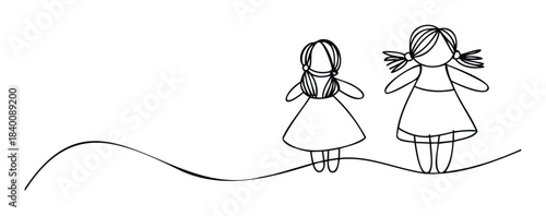 Simple line drawings of two young girls standing together on a wavy line, perfect for childrens books, websites, or playful graphic material.
