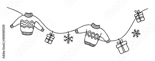 Festive holiday garland featuring cozy sweaters, gift boxes, and snowflakes strung together as a winter decoration, perfect for seasonal celebrations and festive occasions.