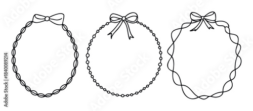 Set of three decorative outlines with bows, featuring different ornamental borders including chains of ovals, beaded circles, and wavy ribbons, perfect for invitations or embellishments.