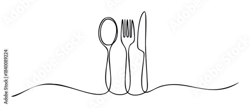 Simple continuous line drawing of cutlery including a spoon, fork, and knife presented together on a wavy surface, perfect for food service themes and restaurant promotion.