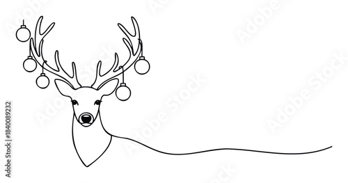 Outline of a deer with festive ornaments hanging from its antlers, perfect for holiday greetings and winter celebrations, evoking a sense of joy and seasonal cheer.