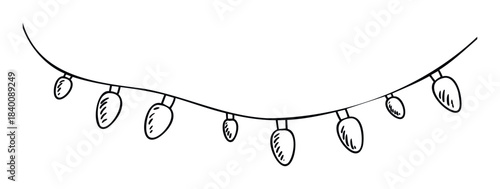 Simple line drawing of a string of festive light bulbs hung in a gentle curve, perfect for adding a celebratory or seasonal touch to holiday and event related projects.