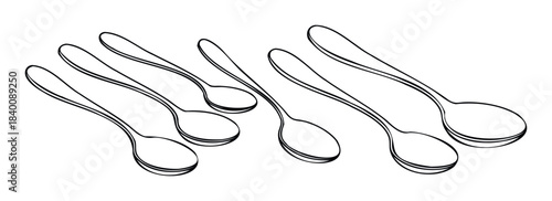 Collection of six simple line drawing spoons of varying sizes and styles for food related projects and kitchenware promotions