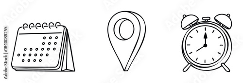 A set of three simple icons representing a calendar, a location pin, and an alarm clock useful for scheduling, navigation, and time management in various applications.