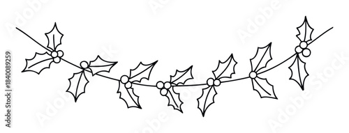 Festive holly garland with berries and leaves in outline, perfect for holiday decorations, borders, and winter celebrations graphic creation.