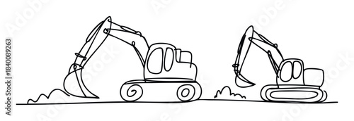Simple line drawings of two excavators, one larger than the other, on uneven ground, representing construction and heavy machinery for various projects.