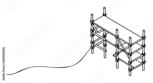 Isometric outline drawing of scaffolding structure with a flowing rope element, suitable for construction industry visuals and abstract project concepts.