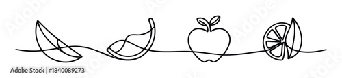 Continuous line drawing of fresh fruits like apple, banana, orange slice, and lemon slice, ideal for healthy food promotion and culinary themes.