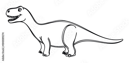 Friendly cartoon dinosaur smiling with sharp teeth, a playful prehistoric reptile suitable for childrens educational materials and fun party invitations.