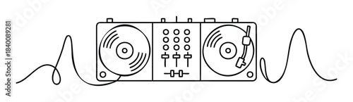 DJ equipment and audio wave graphic symbolizing music production and sound, perfect for media, entertainment, and technology applications.
