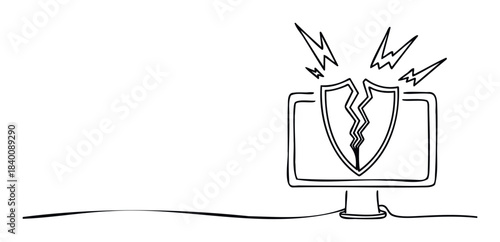Broken digital shield on computer screen symbolizing cyber security breach or system failure, concept for online threat and data vulnerability, for tech news and security services.