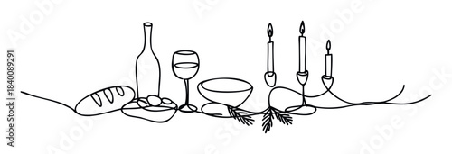 Single line drawing of a religious or celebratory still life arrangement with bread, wine, a bowl, and lit candles, suitable for holiday or ceremonial themes.