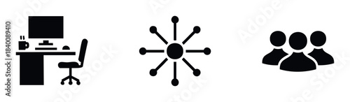 Icons representing remote work, networking, and teamwork for business and technology concepts, perfect for presentations and web use.