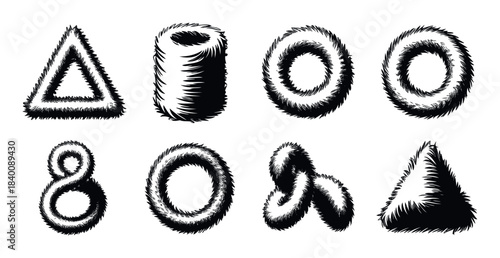 Set of fuzzy geometric shapes and numerals including a triangle, cylinder, circles, figure eight, and spirals for abstract graphic accents.