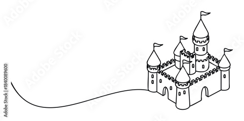 Whimsical line drawing of a fairy tale castle with flags and towers, perfect for storybooks, childrens themes, and magical concepts.