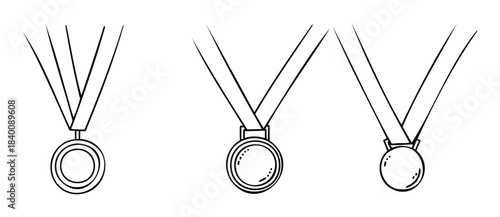 Three hand drawn medals shown from different angles with ribbons suspended, symbolizing achievement and victory in sports or competitions, perfect for award ceremonies or celebratory themes.
