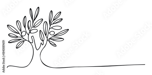 Simple line drawing of an olive tree with leaves and fruit, perfect for natural themes, healthy eating concepts, and organic branding.