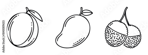 Fresh tropical fruits depicted in simple outline style for healthy eating and nature concepts, perfect for food blogs and nutrition resources.