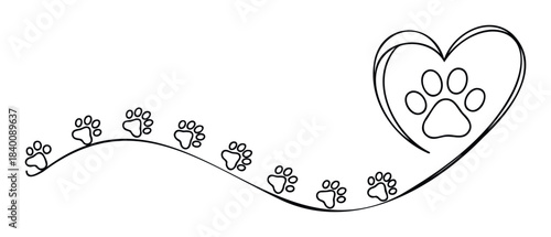 Paw print path leading to a heart shape for pet love and loyalty concepts, perfect for animal care services and veterinary clinics.
