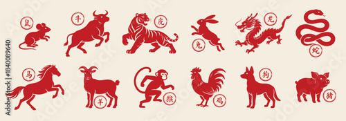 Chinese Zodiac vector set featuring the twelve traditional zodiac animals in a bold red paper-cut style. Symbolizes lunar new year, chinese culture, folklore, and festive celebration. 