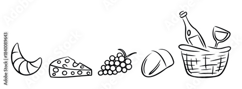 Picnic basket with wine, cheese, grapes and croissant, perfect for food and beverage advertising and celebratory themes.