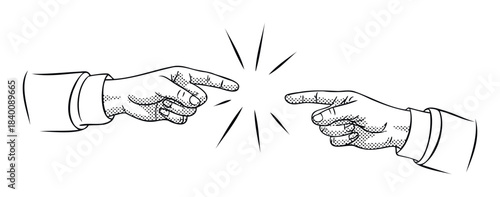 Two hands pointing fingers at each other creating a spark of connection or disagreement, perfect for themes of communication, confrontation, or collaboration in business and relationships.