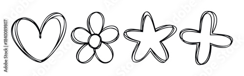Simple outline icons including a heart, flower, star, and plus sign, perfect for graphic design projects, web elements, and modern branding applications