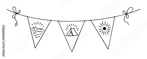 Hand drawn camping theme pennant banner with mountains, tent, and sun motifs for outdoor adventure celebrations and party decorations