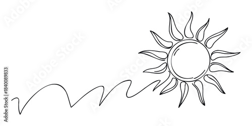 A simple black line drawing of the sun radiating light and energy, connected by a wavy line, perfect for representing warmth, happiness, or a journey.