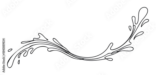 Dynamic black ink splash with liquid droplets and flowing curves, perfect for dynamic liquid effects in graphic projects and fluid motion visuals.