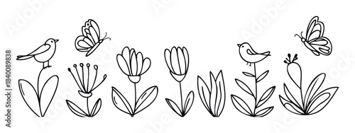 Whimsical line drawing collection of birds and butterflies fluttering around simple flowers, perfect for springtime celebrations and naturethemed projects.