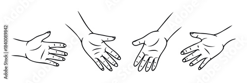 Four hands in various gestures of reaching out or greeting, symbolizing connection, cooperation, or welcome, perfect for concepts of unity and communication projects.