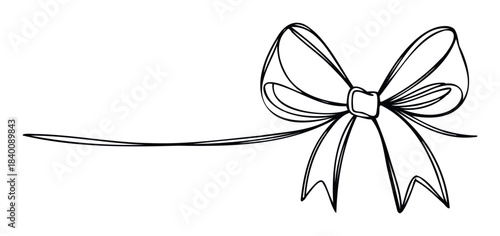 Elegant hand drawn black ink bow with long flowing ribbon tail, perfect for gift wrapping, celebratory occasions, and sophisticated packaging applications.