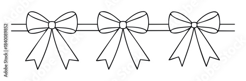 A delightful string of three classic black and white bows, perfect for adding a festive or decorative touch to celebrations and gift wrapping projects.