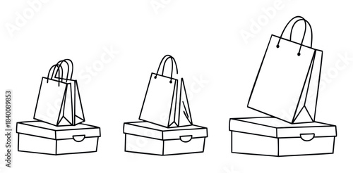 A simple line drawing of gift boxes and shopping bags stacked in ascending sizes, perfect for promotions and retail concepts.