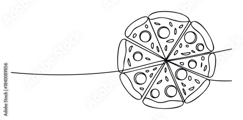 Minimalist single line drawing of a pizza cut into slices with a continuous line flowing across it, perfect for food related graphic resources and creative projects.
