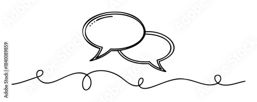 Simple handdrawn speech bubbles and abstract wavy line representing communication and connection for use in graphic projects and website elements.