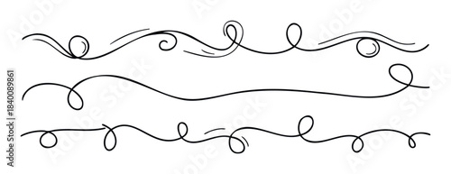 Collection of black calligraphic flourishes and decorative swirls for embellishment and design projects, perfect for invitations and stationery.