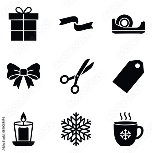 Set of nine black icons representing Christmas and gift wrapping elements such as a gift box, ribbon, tape dispenser, bow, scissors, tag, candle, snowflake, and hot drink mug for festive