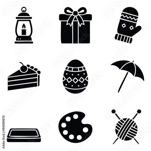 Collection of Nine Diverse Icons Featuring a Lantern, Gift Box, Mitten, Cake Slice, Easter Egg, Umbrella, Pet Bowl, Paint Palette, and Yarn Ball, Ideal for Graphic Projects and Websites