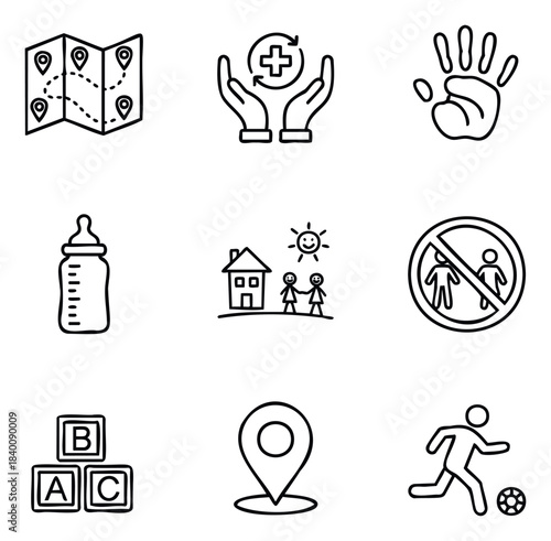 Collection of black line icons representing travel map, healthcare, hand, baby bottle, family, prohibition sign, alphabet blocks, location pin, and soccer player for use in various graphic