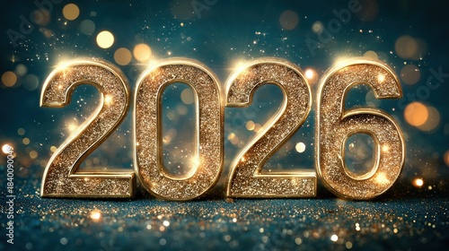 Golden 2026 numbers glowing on dark blue background with festive sparkles and reflections