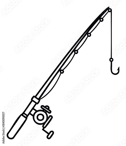 Black and white graphic of a fishing rod with reel and hook, perfect for outdoor recreation and sports themes.