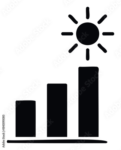 Growing business success represented by rising graph bars under a bright sun symbol, perfect for financial growth and positive development themes.