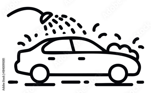 Simple graphic of a car being washed with water spray and soap bubbles, ideal for car wash service promotion and automotive care visuals.